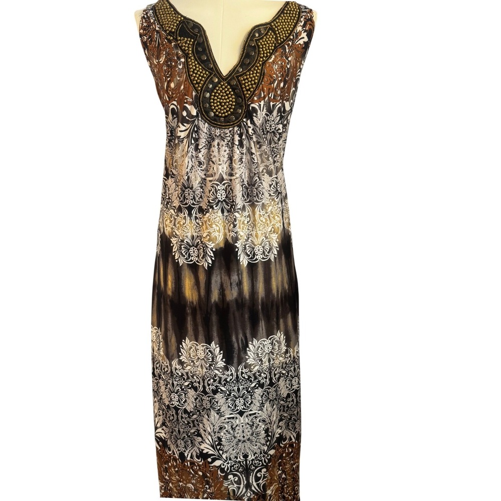 Boho Maxi Dress 0X 14/16W Embellished Beaded Neck Brown Black Stretch Resort - Picture 2 of 16